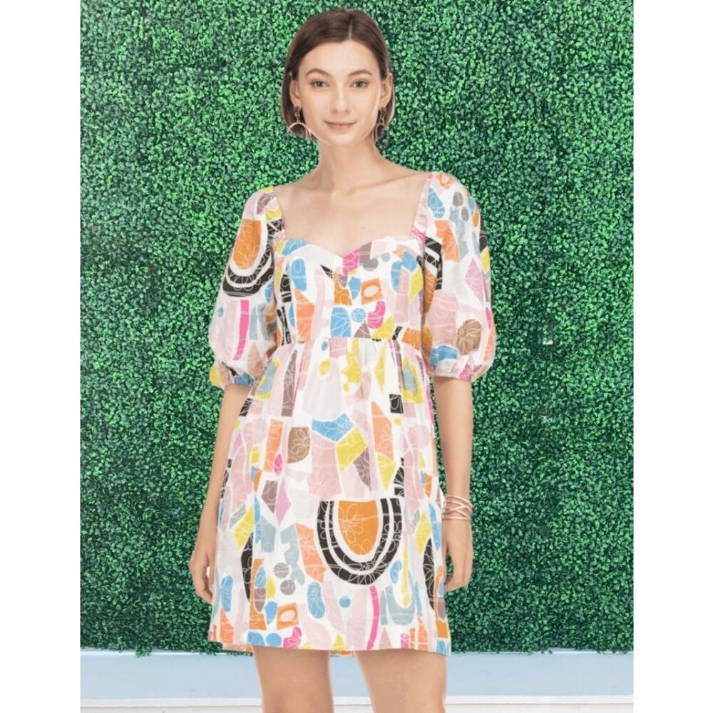 Joy Joy Embrodiered Geo Print Colorful Babydoll Mini Puff‎ Sleeve Dress Sz XS